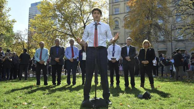 Canada’s Prime Minister Justin Trudeau addresses the media in Winnipeg, Manitoba. Trudeau’s campaign was by the publication of a yearbook photo showing him in brownface makeup at a 2001 costume party. The prime minister apologized and said “it was a dumb thing to do.” (Sean Kilpatrick / The Canadian Press via AP) Canada’s Prime Minister Justin Trudeau addresses the media in Winnipeg, Manitoba. Trudeau’s campaign was by the publication of a yearbook photo showing him in brownface makeup at a 2001 costume party. The prime minister apologized and said “it was a dumb thing to do.” (Sean Kilpatrick / The Canadian Press via AP)