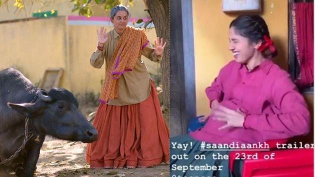 Taapsee Pannu playing with a buffalo and Bhumi Pednekar with her fake baby bump on sets of Saand Ki Aankh.