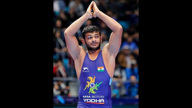 Reigning junior world champion Deepak Punia (86kg) acknowledges his supporters after defeating Switzerland’s Stefan Reichmuth in the semifinals of World Wrestling Championship 2019, in Nur-Sultan, Kazakhstan. (PTI) Reigning junior world champion Deepak Punia (86kg) acknowledges his supporters after defeating Switzerland’s Stefan Reichmuth in the semifinals of World Wrestling Championship 2019, in Nur-Sultan, Kazakhstan. (PTI)