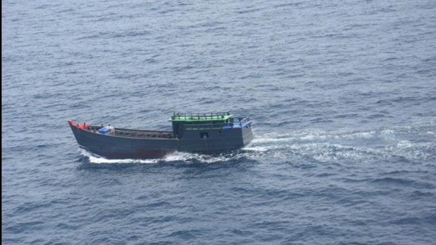 On rummaging the vessel, 57 suspicious gunny bundles were found aboard, the Coast Guard said.(Photo: Twitter /@IndiaCoastGuard) On rummaging the vessel, 57 suspicious gunny bundles were found aboard, the Coast Guard said.(Photo: Twitter /@IndiaCoastGuard)