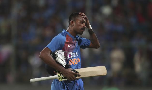 Hardik Pandya reacts as he leaves the field after being dismissed by South Africa's Kagiso Rabada. (AP)
