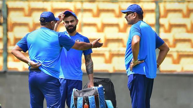 Indian cricket team captain Virat Kohli with head coach Ravi Shastri.(PTI)