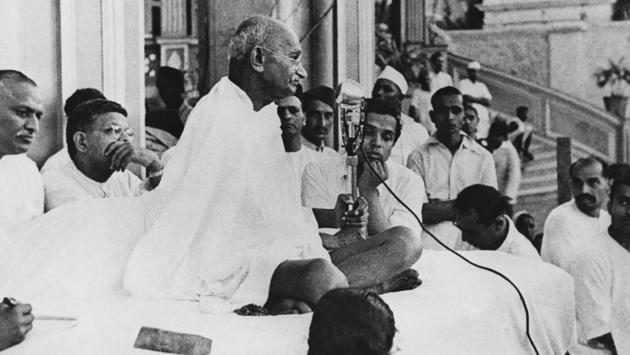 Mahatma Gandhi speaks at a prayer meeting in Bombay, 1946. In 1944, when Gandhi had to travel from Birla House to Jinnah House, up the road, to conduct what came to be called the Gandhi-Jinnah talks (over the two-nation theory and, eventually, Partition), he did so on foot. July 1946 marked Gandhi’s last visit to Bombay. (National Gandhi Museum) Mahatma Gandhi speaks at a prayer meeting in Bombay, 1946. In 1944, when Gandhi had to travel from Birla House to Jinnah House, up the road, to conduct what came to be called the Gandhi-Jinnah talks (over the two-nation theory and, eventually, Partition), he did so on foot. July 1946 marked Gandhi’s last visit to Bombay. (National Gandhi Museum)
