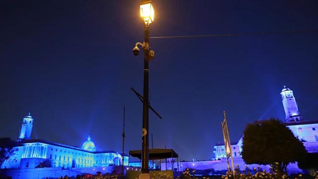 A CCTV security camera operates on a lamp post as the Secretariat buildings are illuminated at night in New Delhi. Rai, whose company has developed facial recognition for eight local police forces, said India doesn’t have the same quality cameras as China -- making it harder to meet the goal of being able to identify any person with an integrated system. (Anindito Mukherjee / Bloomberg) A CCTV security camera operates on a lamp post as the Secretariat buildings are illuminated at night in New Delhi. Rai, whose company has developed facial recognition for eight local police forces, said India doesn’t have the same quality cameras as China -- making it harder to meet the goal of being able to identify any person with an integrated system. (Anindito Mukherjee / Bloomberg)