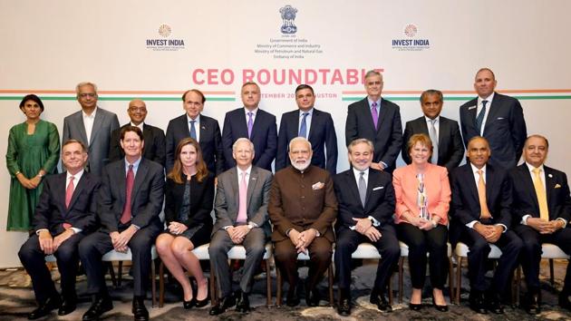 Prime Minister Narendra Modi in a group photograph with the CEOs, in Houston. (ANI Photo) Prime Minister Narendra Modi in a group photograph with the CEOs, in Houston. (ANI Photo)