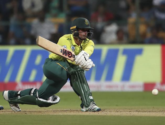 Quinton de Kock bats during the third and last T20 cricket match between India and South Africa. (AP)