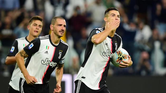 Juventus' Cristiano Ronaldo celebrates scoring their second goal. (REUTERS) Juventus' Cristiano Ronaldo celebrates scoring their second goal. (REUTERS)