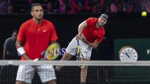 Team World's Nick Kyrgios, left, and Jack Sock play Team Europe's Rafael Nadal and Stefanos Tsitsipas during a doubles tennis match at the Laver Cup tennis event in Geneva on Saturday, Sept. 21, 2019(AP)