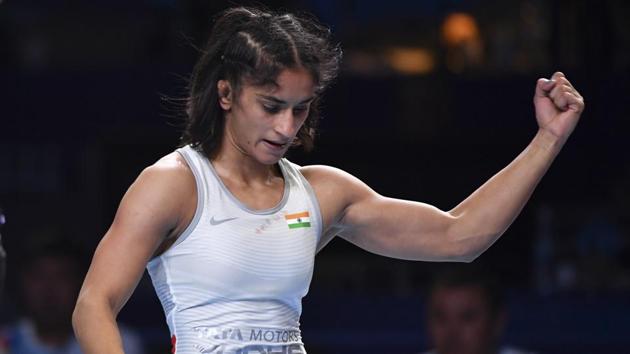 Vinesh Phogat reacts as she won the bronze match of the women's 53kg category against Maria Prevolaraki of Greece during the Wrestling World Championships in Nur-Sultan, Kazakhstan. (Anvar Ilyasov / AP) Vinesh Phogat reacts as she won the bronze match of the women's 53kg category against Maria Prevolaraki of Greece during the Wrestling World Championships in Nur-Sultan, Kazakhstan. (Anvar Ilyasov / AP)