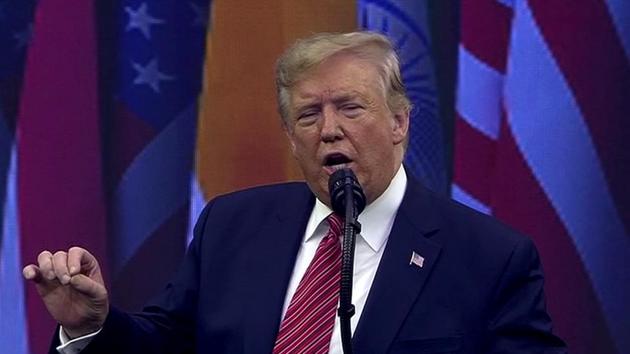 US President Donald Trump addressing the Indian American community during the Howdy Modi event at NRG Stadium in Houston on Sunday.(ANI Photo) US President Donald Trump addressing the Indian American community during the Howdy Modi event at NRG Stadium in Houston on Sunday.(ANI Photo)