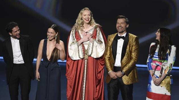 Kit Harington, from left, Emilia Clarke, Gwendoline Christie, Nikolaj Coster-Waldau and Carice van Houten, of the cast of Game of Thrones, appear on stage to present the award for outstanding supporting actress in a limited series or movie at the 71st Primetime Emmy Awards.(Chris Pizzello/Invision/AP)
