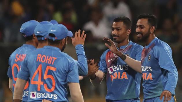 India's Hardik Pandya celebrates with teammates.(AP)
