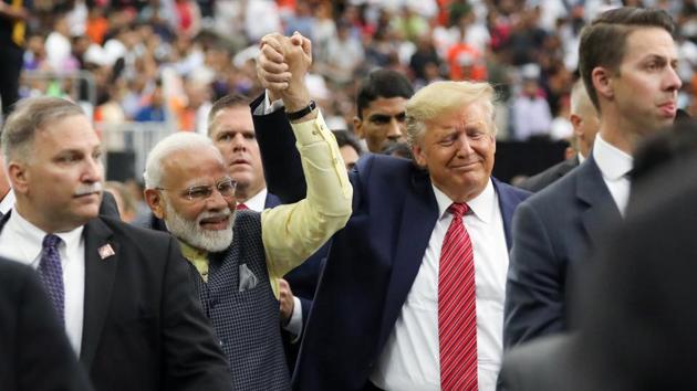 US President Donald Trump participates in the "Howdy Modi" event with India's Prime Minister Narendra Modi in Houston, Texas.(REUTERS)