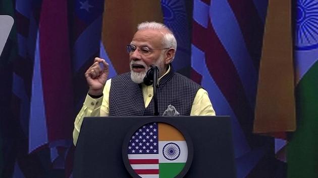 Prime Minister Narendra Modi addresses the Howdy Modi event at NRG Stadium in Houston on Sunday.(ANI Photo) Prime Minister Narendra Modi addresses the Howdy Modi event at NRG Stadium in Houston on Sunday.(ANI Photo)