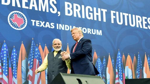 Prime Minister Narendra Modi and President of United States of America (USA), Donald Trump during the Howdy Modi Event at the NRG Stadium in Houston on Sunday. (ANI Photo) Prime Minister Narendra Modi and President of United States of America (USA), Donald Trump during the Howdy Modi Event at the NRG Stadium in Houston on Sunday. (ANI Photo)