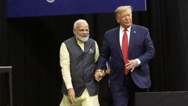 Prime Minister Narendra Modi with US President Donald Trump during the "Howdy, Modi" event at NRG Stadium in Houston, Texas, September 22, 2019.(REUTERS)
