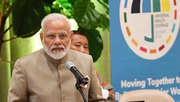 Prime Minister Narendra Modi highlights India’s bold initiatives towards universal health coverage at a UN high-level meeting on Monday. (Twitter/MEA India) Prime Minister Narendra Modi highlights India’s bold initiatives towards universal health coverage at a UN high-level meeting on Monday. (Twitter/MEA India)