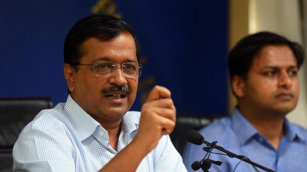 Delhi Chief Minister Arvind Kejriwal speaks to media during a press conference at Delhi Secretariat, in New Delhi.(Amal KS/HT PHOTO)