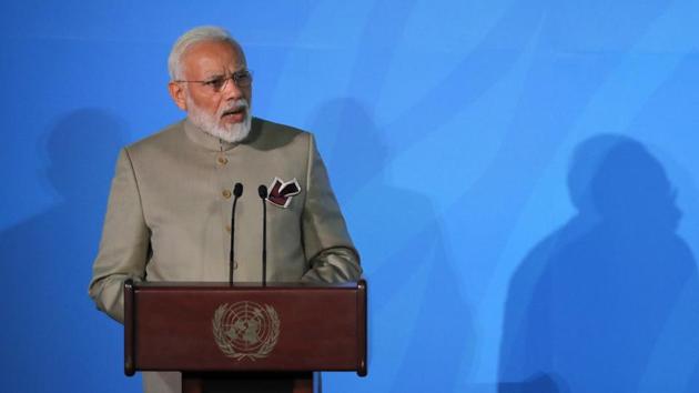 India's Prime Minister Narendra Modi speaks during the 2019 United Nations Climate Action Summit at UN headquarters in New York. (Reuters Photo) India's Prime Minister Narendra Modi speaks during the 2019 United Nations Climate Action Summit at UN headquarters in New York. (Reuters Photo)