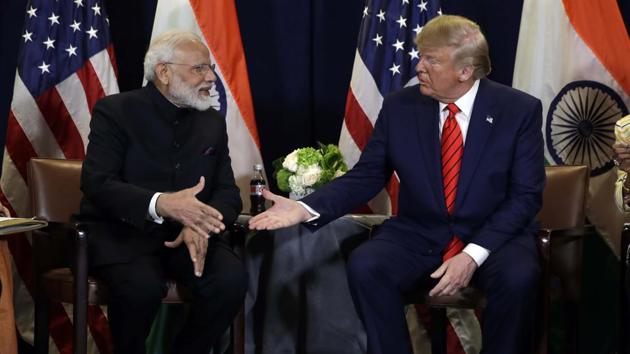 US president Donald Trump meets with Prime Minister Narendra Modi at the United Nations General Assembly, in New York.(AP)