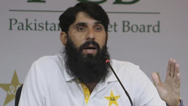 Misbah-ul-Haq, head coach and chief selector of Pakistan Cricket, gestures during a press conference.(AP)
