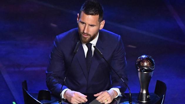 FC Barcelona's Lionel Messi speaks after winning the Best FIFA Men's player award.(REUTERS)