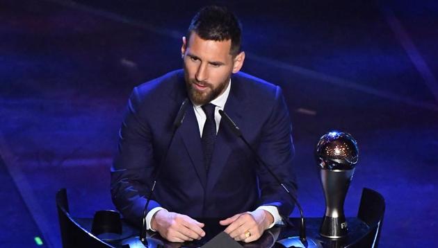 Barcelona's Lionel Messi speaks after winning the Best FIFA Men's player award(REUTERS)