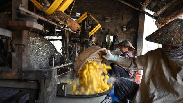Silk threads are collected on to spools from yellow cocoons that have been boiled. Once the yellow and white fibres are spun onto wooden reels, workers hang them in the sun to dry. (Manan Vatsyayana / AFP)