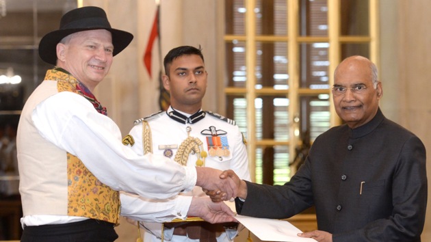 Speaking after presenting his credentials to President Ram Nath Kovind at a ceremony at Rashtrapati Bhawan, Frydenlund said the two countries have strong and deep ties.(Twitter image/@rashtrapatibhvn)