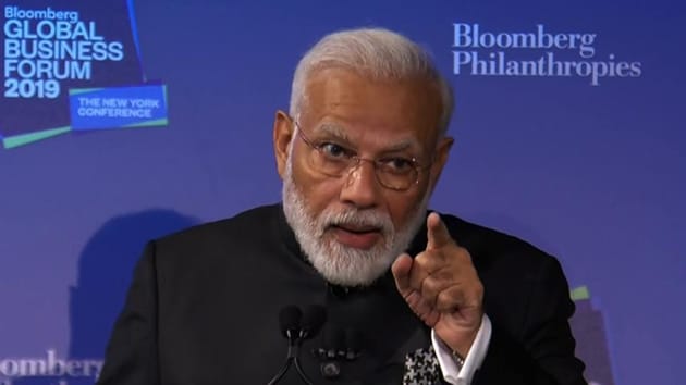 Prime Minister Narendra Modi delivers the keynote address during the ‘Bloomberg Global Business Forum’ in New York.(ANI Photo)
