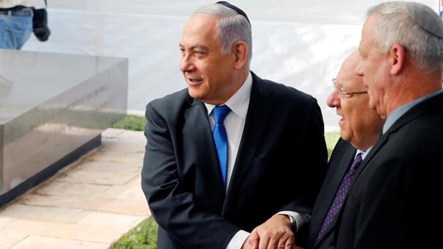 Israeli Prime Minister Benjamin Netanyahu, Israeli President Reuven Rivlin and Benny Gantz, leader of Blue and White party.(Reuters Photo) Israeli Prime Minister Benjamin Netanyahu, Israeli President Reuven Rivlin and Benny Gantz, leader of Blue and White party.(Reuters Photo)