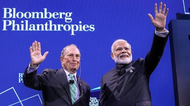 Prime Minister Narendra Modi with CEO of Bloomberg Michael Bloomberg (L) at Global Business Forum in New York, Sept. 25, 2019.(PTI)