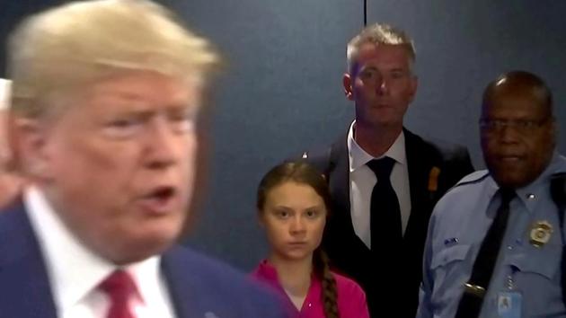 Swedish environmental activist Greta Thunberg watches as U.S. President Donald Trump enters the United Nations to speak with reporters in a still image from video taken in New York City, U.S. (REUTERS) Swedish environmental activist Greta Thunberg watches as U.S. President Donald Trump enters the United Nations to speak with reporters in a still image from video taken in New York City, U.S. (REUTERS)