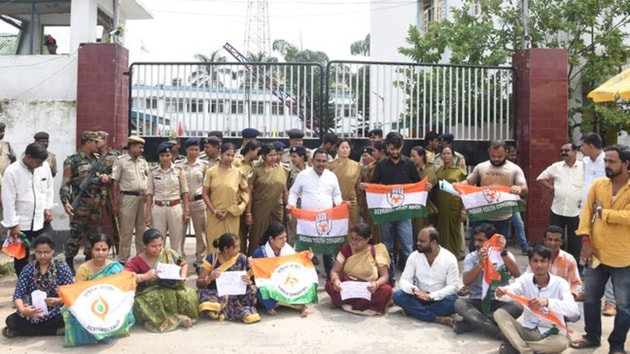 A dharna infront of police HQ, Agartala, led by Sadar dist mahila Congress. (Photo: @TripuraPMC) A dharna infront of police HQ, Agartala, led by Sadar dist mahila Congress. (Photo: @TripuraPMC)