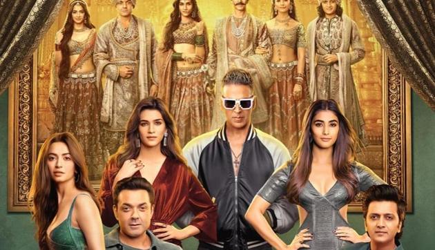 Akshay Kumar, Kriti Sanon, Pooja Hegde, Kriti Kharbanda, Bobby Deol and Riteish Deshmukh on Housefull 4 poster.