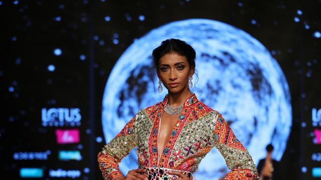 Model in Suneet Varma’s previous collection. This season the designer will present a special EbixCash show(Photo:Raajessh Kashyap/HT)