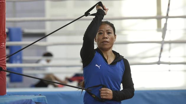 Mary Kom trains during a practice session.(Burhaan Kinu/HT PHOTO)