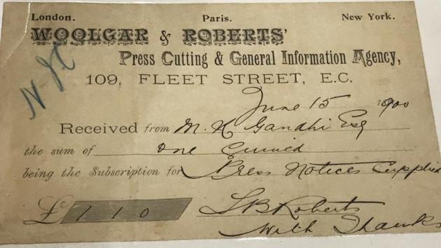 Gandhi was also keeping track of his published photographs and news mentions across the world. A payment receipt of £1.10 dated June 15, 1900, from Woolgar & Roberts’ Press Cutting and General Information Agency in London in Gandhi’s name, confirms his subscription to press notice clippings for possibly a year. (Paroma Mukherjee, courtesy National Gandhi Museum) Gandhi was also keeping track of his published photographs and news mentions across the world. A payment receipt of £1.10 dated June 15, 1900, from Woolgar & Roberts’ Press Cutting and General Information Agency in London in Gandhi’s name, confirms his subscription to press notice clippings for possibly a year. (Paroma Mukherjee, courtesy National Gandhi Museum)