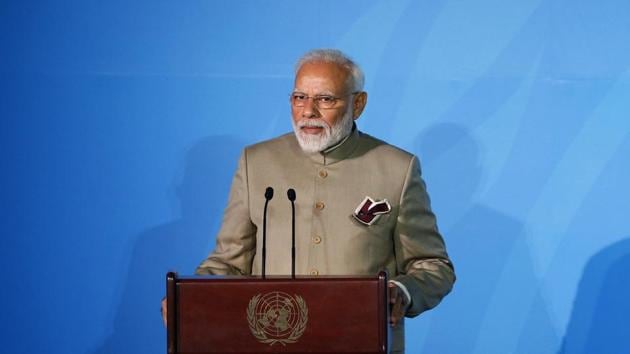 Prime Minister Narendra Modi inaugurated the Gandhi Solar Park at UN Headquarters in New York during a Gandhi@150 commemorative event on Tuesday to mark Mahatma Gandhi’s 150th birth anniversary and India’s global leadership in renewable energy.(AP)