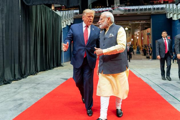 Prime Minister Narendra Modi and US President Donald Trump at NRG Stadium in Houston on Sunday. (ANI photo) Prime Minister Narendra Modi and US President Donald Trump at NRG Stadium in Houston on Sunday. (ANI photo)