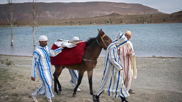 Amazigh (Berber) men arrive with a donkey to take part in the annual "Engagement Moussem" festival near the village of Imilchil in central Morocco's high Atlas Mountains. (Fadel Senna / AFP) Amazigh (Berber) men arrive with a donkey to take part in the annual "Engagement Moussem" festival near the village of Imilchil in central Morocco's high Atlas Mountains. (Fadel Senna / AFP)