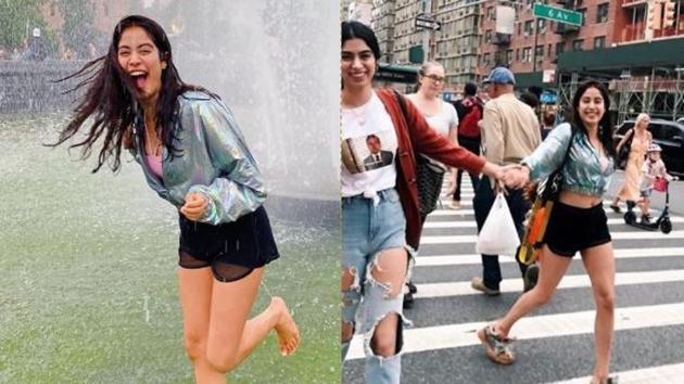 Janhvi Kapoor enjoys in a fountain (left) and goes shopping with sister Khushi Kapoor in New York (right).