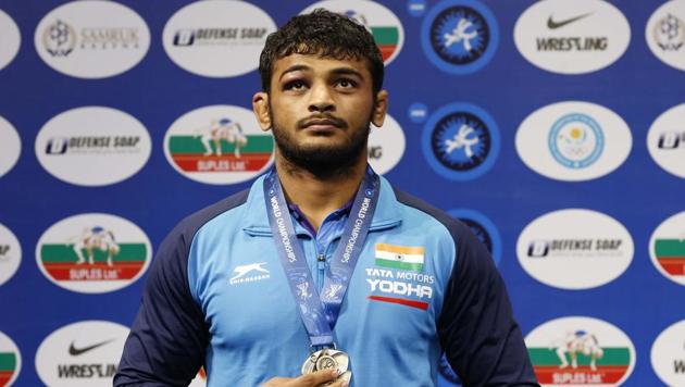 Deepak Punia during the medal ceremony at the men's 86kg category during the Wrestling World Championships in Nur-Sultan.(AP) Deepak Punia during the medal ceremony at the men's 86kg category during the Wrestling World Championships in Nur-Sultan.(AP)