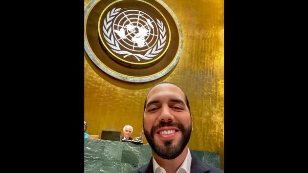 In this photo from the Twitter account of El Salvador’s President Nayib Bukele, Bukele smiles as he poses for a selfie during his address to the 74th session of the United Nations General Assembly at U.N headquarters, Thursday, Sept. 26, 2019. (Nayib Bukele via AP)(AP Photo)