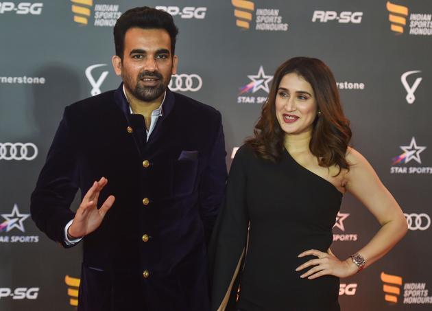Indian cricketer Zaheer Khan and wife Sagarika Ghatge arrive for the Indian Sports Honours awards. (PTI)