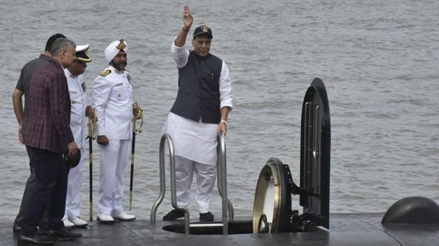 Defence Minister Rajnath Singh during commissioning of INS Khanderi in Indian Navy at Naval Dock in Mumbai, Maharashtra. (Anshuman Poyrekar / HT Photo) Defence Minister Rajnath Singh during commissioning of INS Khanderi in Indian Navy at Naval Dock in Mumbai, Maharashtra. (Anshuman Poyrekar / HT Photo)