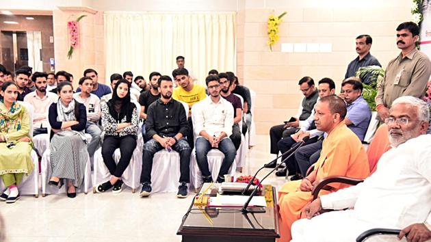 Chief Minister Yogi Adityanath speaking during meeting the students from Jammu and Kashmir, at his residence in Lucknow on Saturday.(ANI) Chief Minister Yogi Adityanath speaking during meeting the students from Jammu and Kashmir, at his residence in Lucknow on Saturday.(ANI)