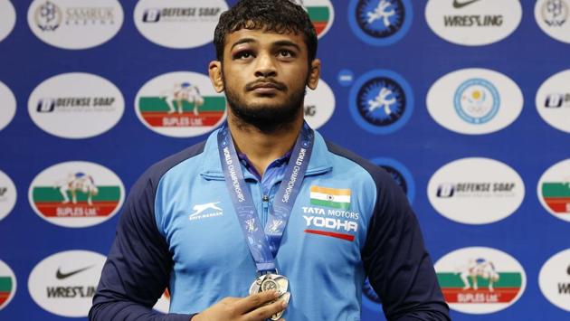 Deepak Punia wins the silver medal in the men’s 86kg category during the Wrestling World Championships in Nur-Sultan, Kazakhstan. (AP) Deepak Punia wins the silver medal in the men’s 86kg category during the Wrestling World Championships in Nur-Sultan, Kazakhstan. (AP)