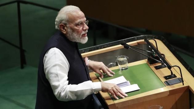 As Prime Minister Narendra Modi reached the United Nations for his speech on Friday, a gathering of thousands of people from the Indian-American community gathered outside with festive cheer(Bloomberg) As Prime Minister Narendra Modi reached the United Nations for his speech on Friday, a gathering of thousands of people from the Indian-American community gathered outside with festive cheer(Bloomberg)