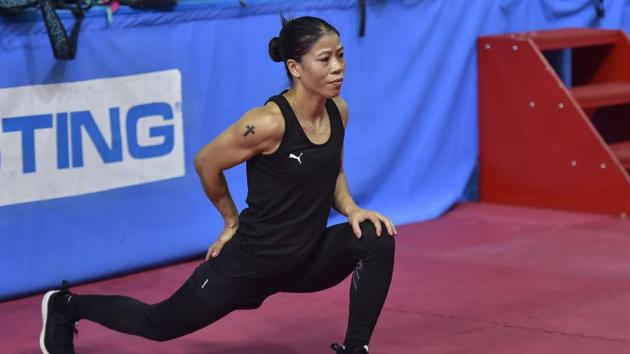 Mary Kom during a practice session at IG Stadium, in New Delhi.(PTI) Mary Kom during a practice session at IG Stadium, in New Delhi.(PTI)